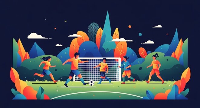 Vibrant Soccer Match Illustration - Players in Action on a Green Field.