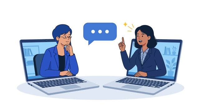 Two professionals collaborating in a virtual meeting on laptops, discussing ideas and planning a project