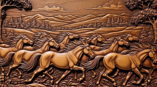 Wood Carved Relief of Running Stallions in Nature Scene