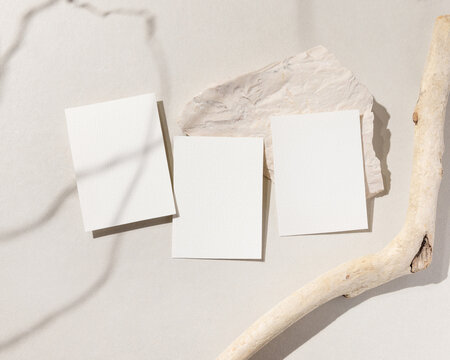 Blank cards set mockup on natural stone near driftwood with hard shadows, wedding stationery