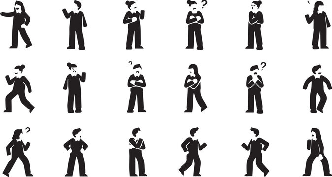 eople silhouettes with thinking and confused poses, human figures expressing doubt, questions and decision making vector illustration set isolated on white background