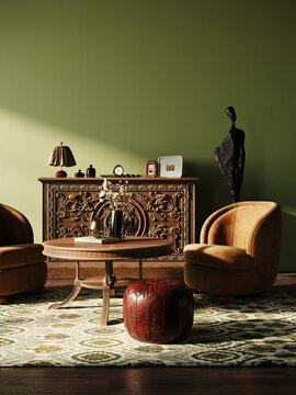 Interior design. Living room. Contemporary home interior. Vintage interior. 3D Rendering, 3D Illustration