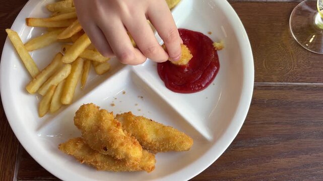 A schoolgirl is eating French fries and chicken nuggets at a cafe restaurant. Junk food for children
