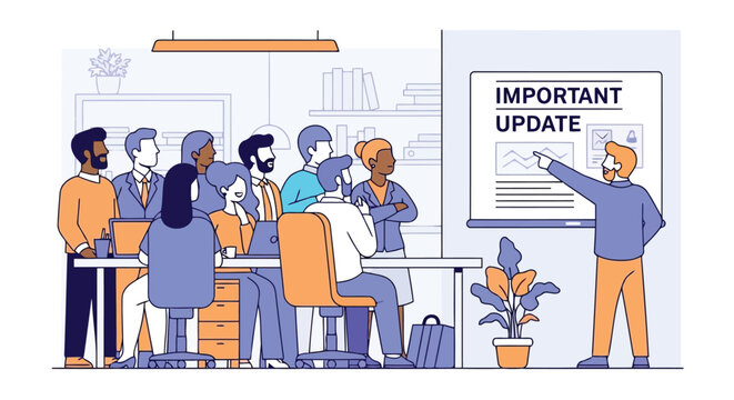 Illustration of business team attending a presentation about an important update in a modern office meeting room