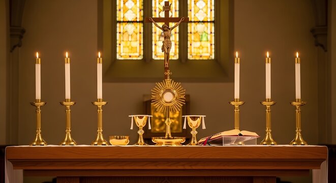 Golden altar setup with Corpus Christi in a serene church interior with candles