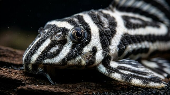Macro Portrait of Zebra Pleco with Black and White Stripes