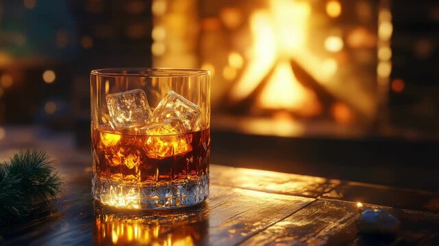 Glass of whiskey with ice on wooden surface, in front of fire. National Bootleggers Day, copy space