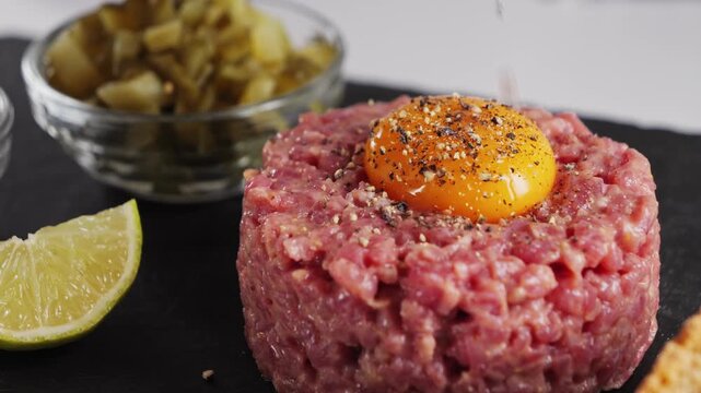 Raw beef tartare with sauce on a black stone platter. Homemade tartare with onions, capers, and egg yolk. The chef squeezes a slice of lime over the tartare. High quality 4k footage