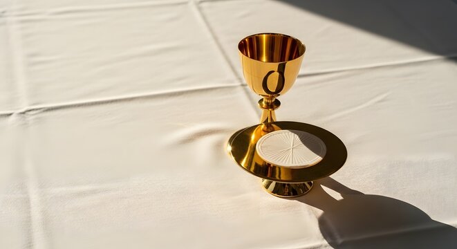 Golden Chalice on a White Tablecloth in Corpus Christi Setting with Soft Lighting