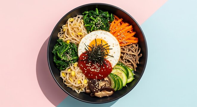 colorful bibimbap in a black bowl on pastel background