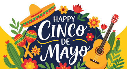 Flat style vector illustration of Cinco de Mayo greeting with sombrero, maracas, guitar and floral elements on light background, festive Mexican celebration concept © Amie