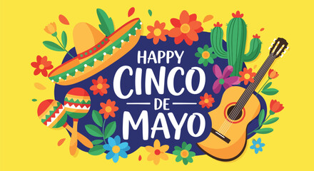 Flat style vector illustration of Cinco de Mayo greeting with sombrero, maracas, guitar and floral elements on light background, festive Mexican celebration concept © Amie