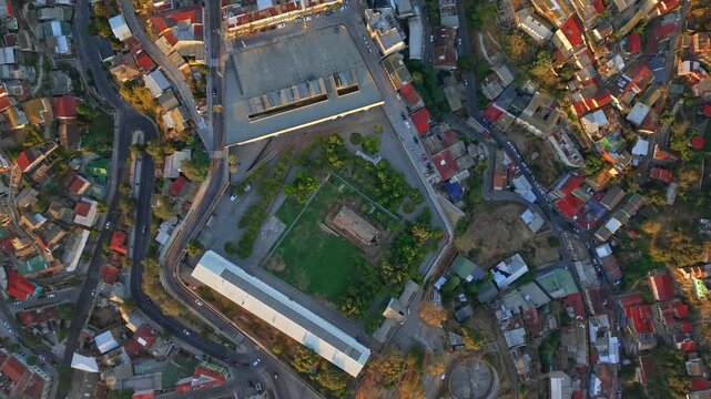 Drone fly above Valparaiso Cultural Park Ex Prison Cerro, Cityscape Historic Architecture Chile