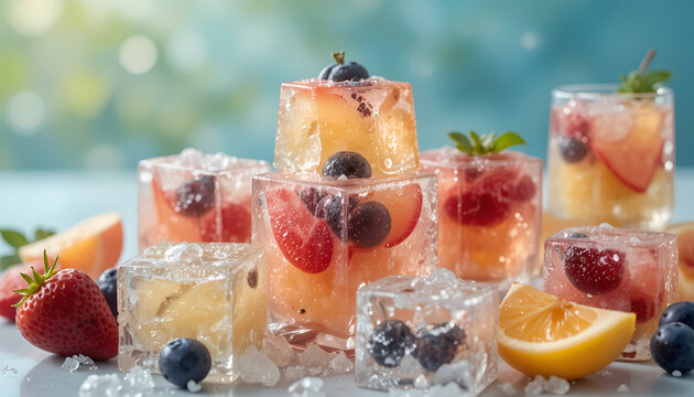 Fresh fruit infused water in glasses with ice cubes and slices on a table