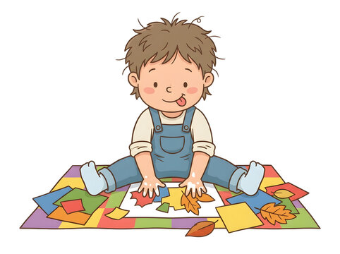 Cute cartoon child collage from colored paper or leaves, sitting on mat, concentrated and happy cartoon style
