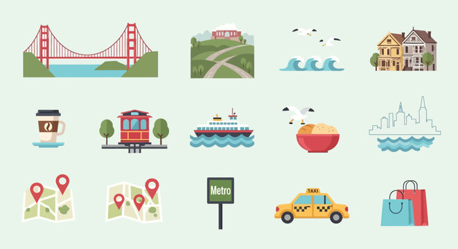 Flat design travel and tourism icons featuring San Francisco landmarks, city elements, transport, and tourist activities in a minimalist vector illustration style.