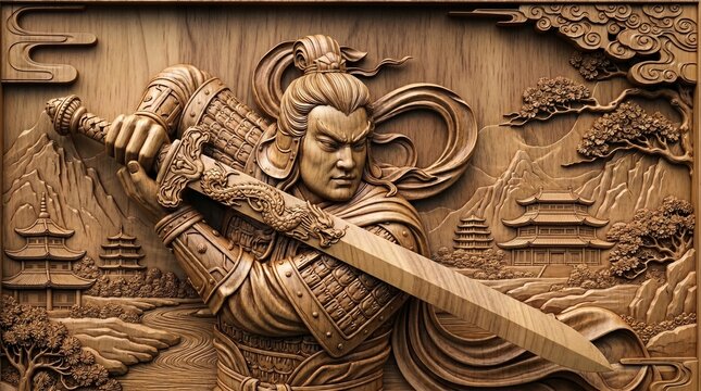 Intricate Wood Carving of Heroic Warrior with Sword and Pagodas