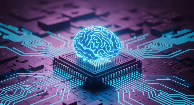 Artificial intelligence brain concept with glowing digital neural network on a computer processor chip