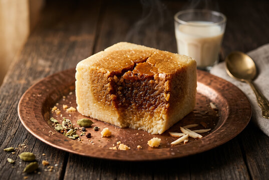 Traditional indian milk cake kalakand sweet on copper plate with cardamom