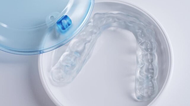 Close up of dental splints for the treatment of bruxism, malocclusion, and for relaxing jaw muscles. High quality 4k footage