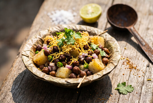 Kolkata style aloo kabli spicy potato salad in traditional leaf bowl