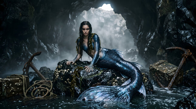 Beautiful dark fantasy mermaid with shimmering blue scales and a long fishtail resting on barnacle-covered rocks inside a misty coastal sea cave