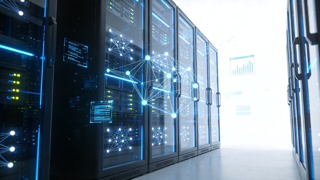 Server room with digital network overlay