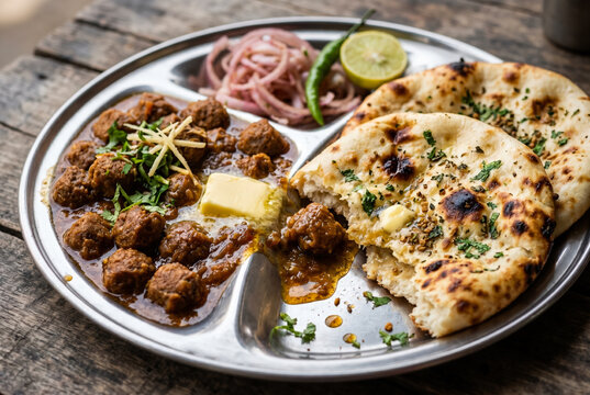 Traditional indian nutri kulcha served with spicy soy chunks and flatbread