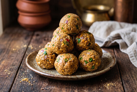 Sattu laddu protein energy balls on plate with rustic wooden background