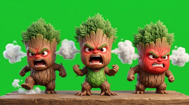 Three Angry Cartoon Characters with Steam and Green Background.