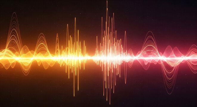 Abstract sound wave visualization with glowing orange and red light particles