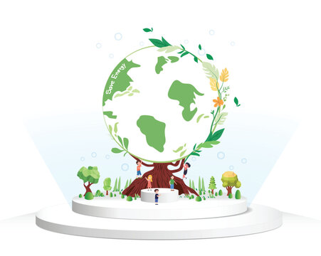 Vector podium empty display with Children are helping to take care of the world, planting trees and support the planet, cleaner and more environmentally
