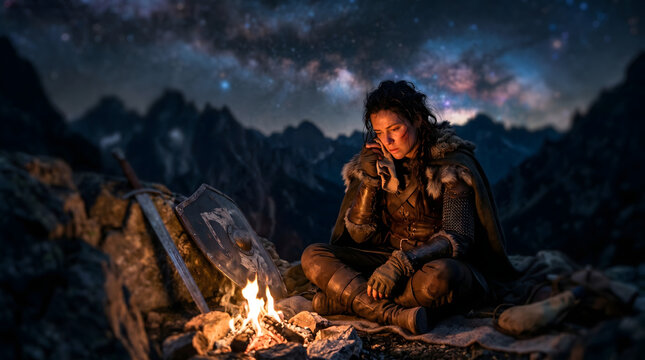 A weary female fantasy warrior in medieval armor sits by a glowing campfire at night under a starry mountain sky.