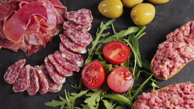 Snack plate beef tartar, cherry tomatoes, green olives and fuet sausage, jamon. Wine snack. High quality 4k footage