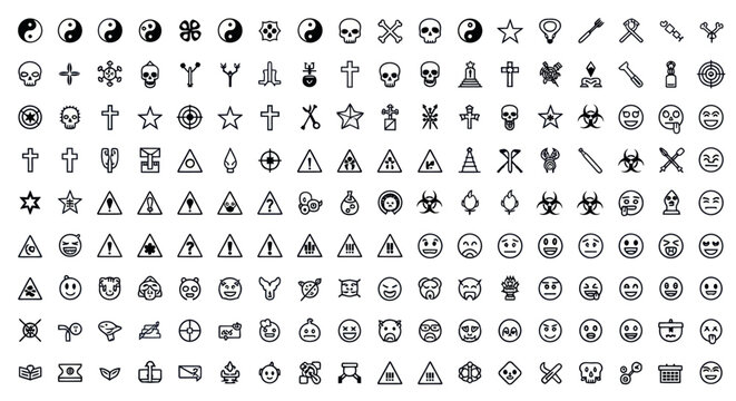 Various symbols and icons on white.