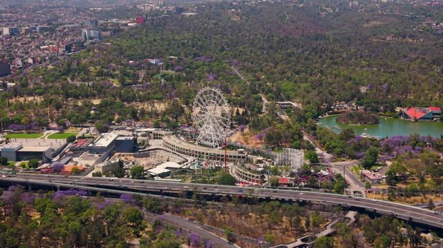 Drone view of rides and attractions at Aztl&aacute;n Park CDMX