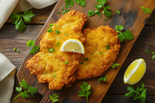 Chicken schnitzel on wooden board, lemon slice, parsley