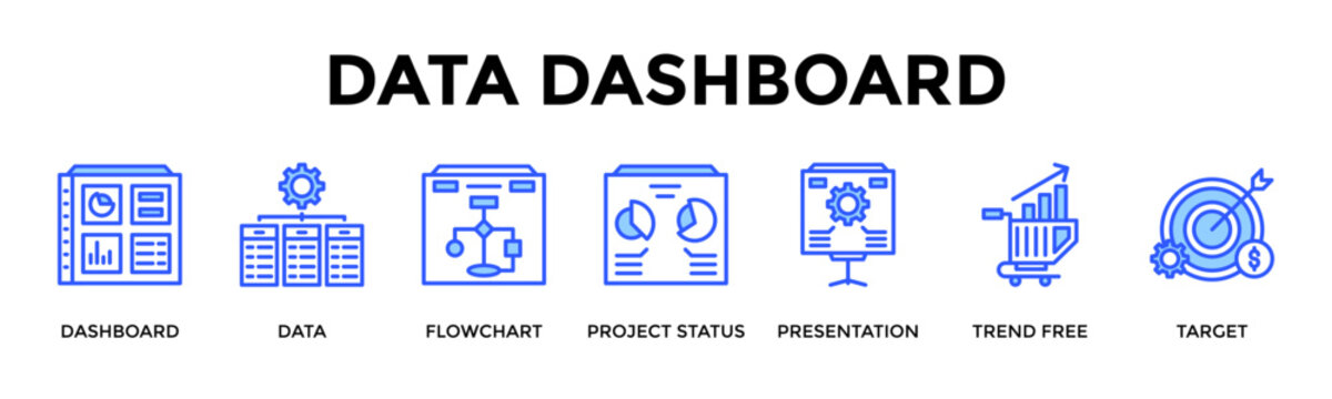 Data Dashboard  Banner Web  Icon Set Collection Pack Vector Illustration Concept Containing Dashboard, Data, Flowchart, Project Status, Presentation, Trend Free, Target