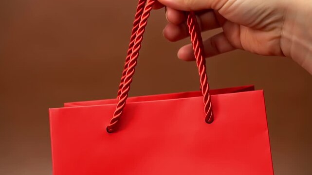 shopping bag exceptional offer sale retail red paper hand closeup revealing embossed gold typography and handles to express premium discount messaging stylish packaging and strong promotional appeal