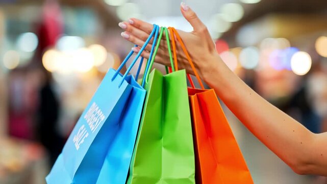 shopping bags sale retail discount colorful bags hands store bokeh holding a bright cluster of carriers in a lively mall scene to promote fashion purchases seasonal offers and consumer excitement