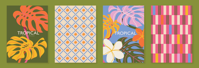 Obraz premium Tropical pattern vector set with monstera leaves, floral background, geometric tile and striped plaid design. Colorful summer collection for poster, wallpaper, fabric, packaging and digital paper.