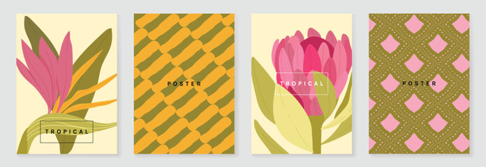 Obraz premium Tropical floral poster and pattern vector set with pink exotic flowers, abstract geometric backgrounds and retro summer design. Suitable for wallpaper, fabric, packaging, print and digital paper.