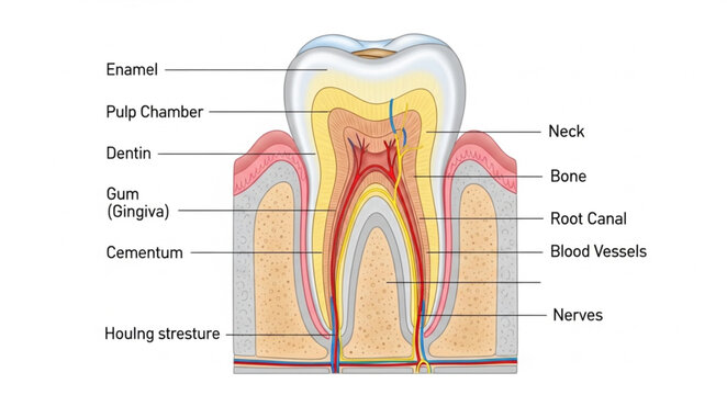 Detailed cross section diagram of a human tooth anatomy with labels.