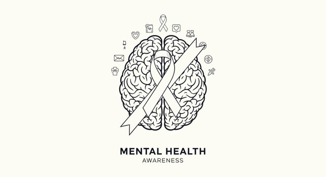 Mental Health Awareness, Brain Ribbon, Psychology Symbol, Mental Wellness Vector Icon