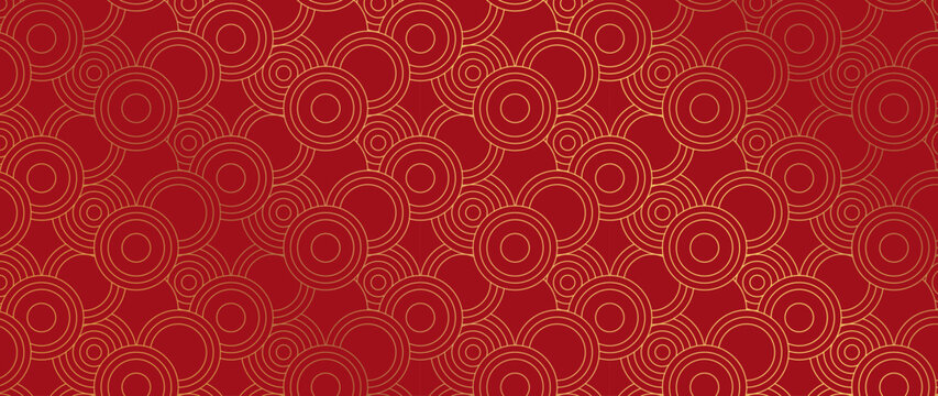 Red and gold geometric circle seamless pattern vector. Luxury abstract art deco background with concentric round line ornament. Design for wallpaper, fabric, wrapping, packaging and festive decor.