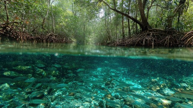 A split-level shot: above water, a lush mangrove forest; below the water, a complex root system teeming with small fish and life, crystal clear water.