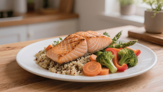 Healthy balanced meal with grilled salmon, quinoa, and steamed vegetables, bright natural light, no people