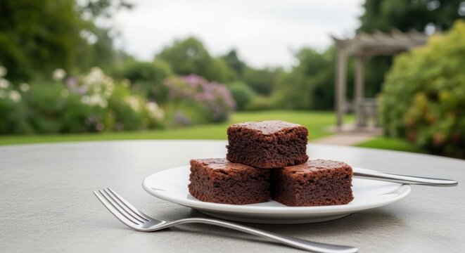 Delicious Chocolate Brownies on a White Plate Outdoors with a Fork and Garden Background.