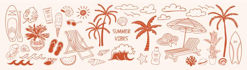 Summer doodle set with beach elements. Hand drawn Mediterranean collection with palm trees, shells, sun, waves, ice cream and accessories. Vector for print textile packaging branding © Svitla