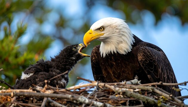 Close-up of a bald eagle feeding its fledgling in a nest. The scene shows the bird with white head, brown body, and yellow beak